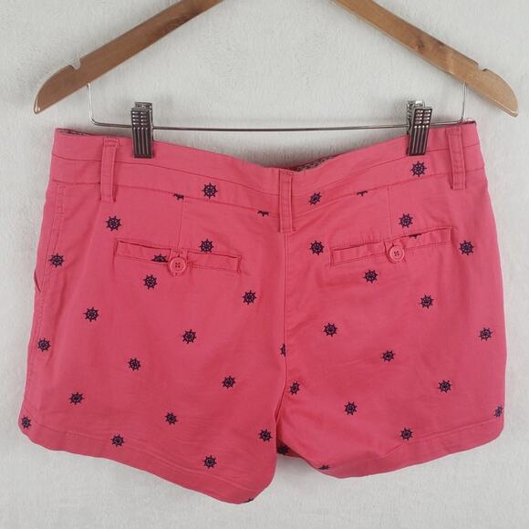 British Khaki Chino Shorts Women 8 Pink w/ Blue Ship Wheel Allover Embroidery - Picture 2 of 6